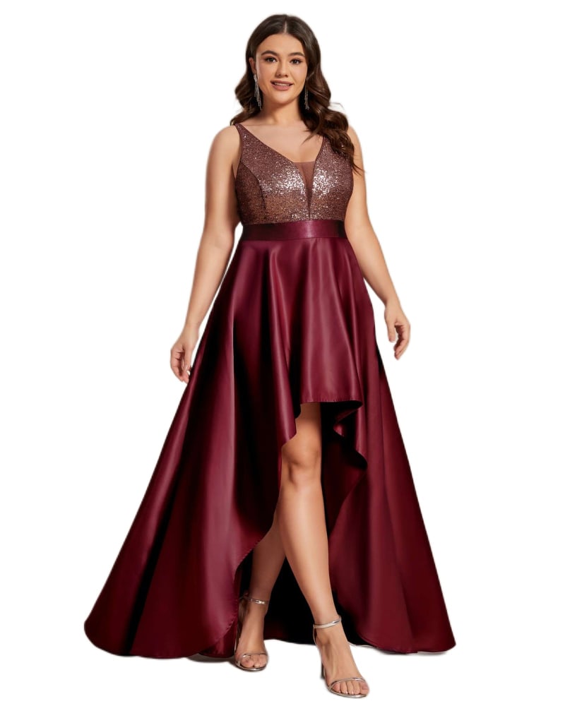Front of a model wearing a size 16 Sparkly Bodice High Low Prom Dress in Burgundy by Ever-Pretty. | dia_product_style_image_id:291530